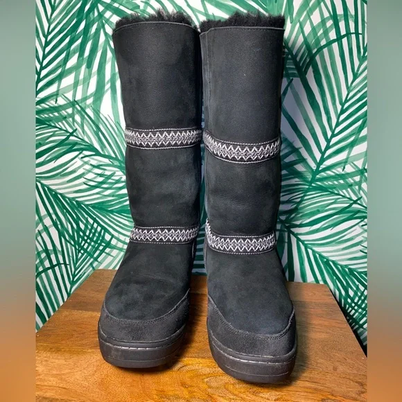 UGG Sundance Revival Black Knee High Sheepskin Boots Women's 12 58050